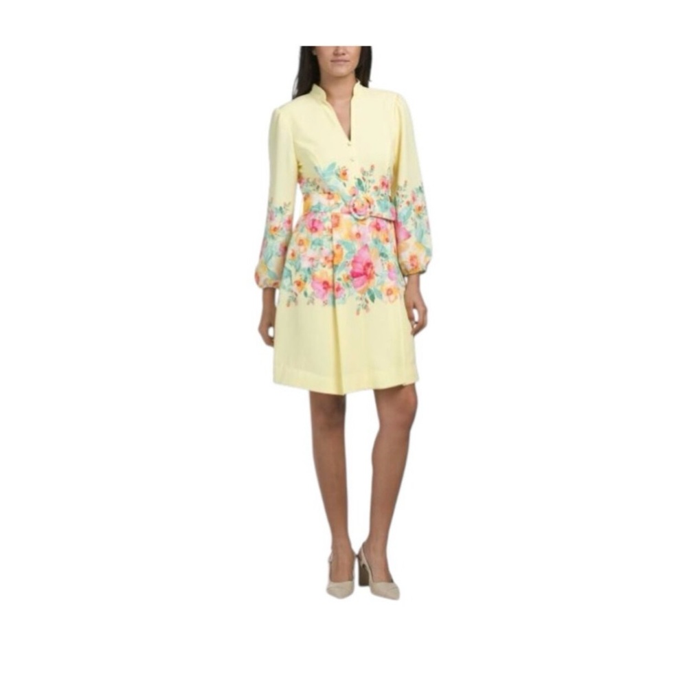 Tahari ASL Yellow Floral Belted Long-Sleeve Dress Size 4